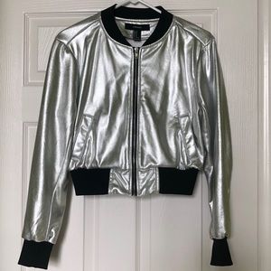 Forever 21 Silver Metallic Crop Bomber Jacket